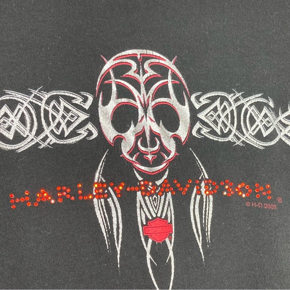 Harley Davidson Black Long Sleeve Tee Red Crystals Silver Skull Design - Picture 8 of 8